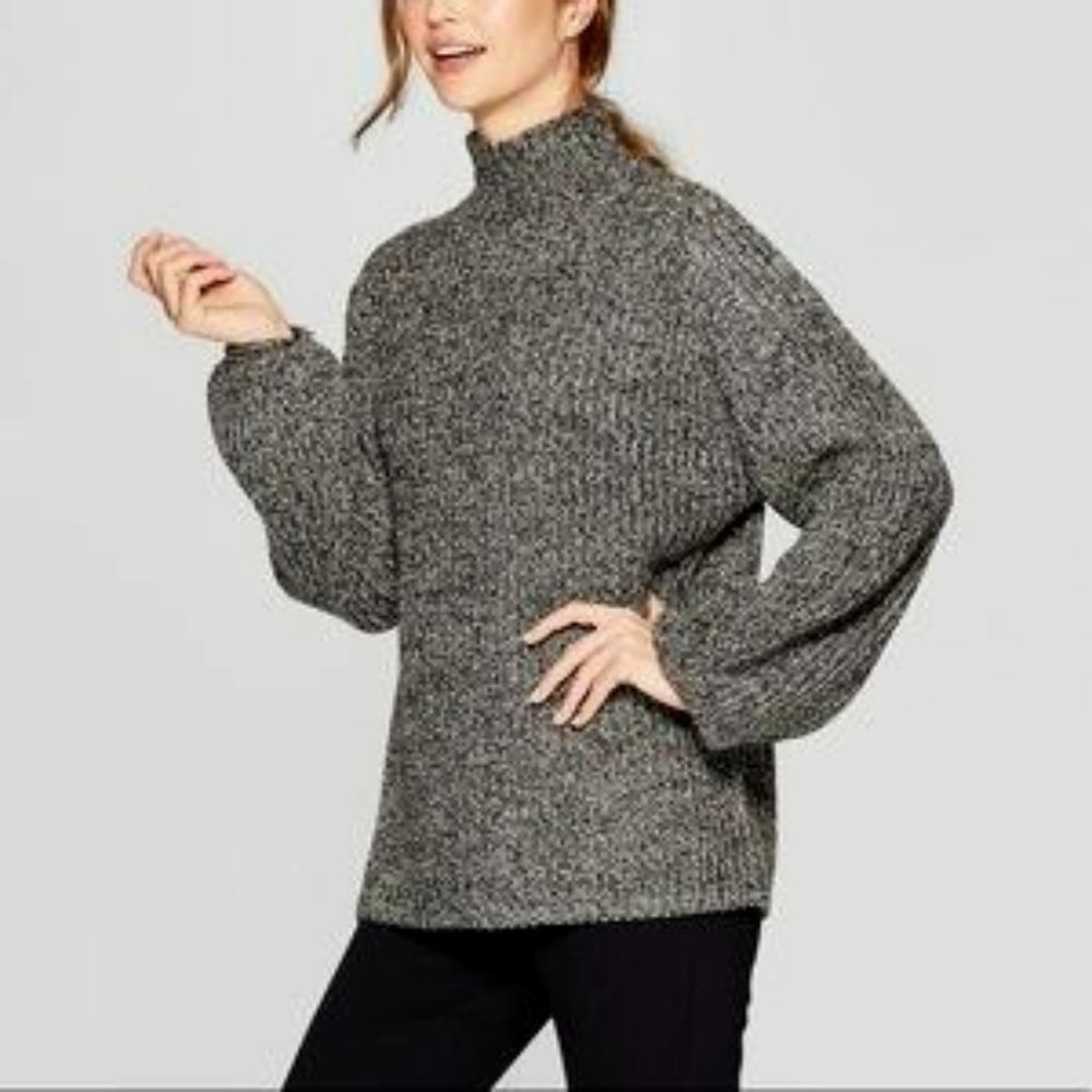 Prologue Gray Chunky Marled Turtleneck Balloon Sleeve Sweater